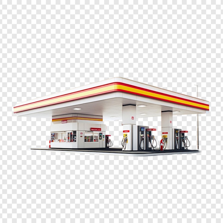 PSD moderne tankstelle mit kraftstoffpumpen und lebensmittelgeschäft