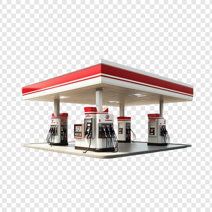 PSD moderne tankstellen-kraftstoffpumpen mit rotem baldachin-design und weißer grauer architektur