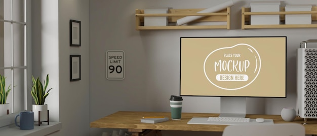 Moderner Arbeitsplatz mit Mock-up-Desktop-Computer mit Bürobedarf, Kopierraum, 3D-Rendering, 3D-Illustration