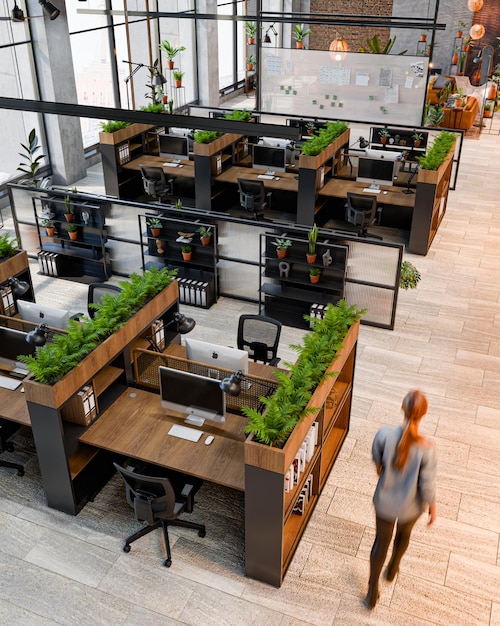 Moderner Büroraum mit Grünpflanzen und Workstations