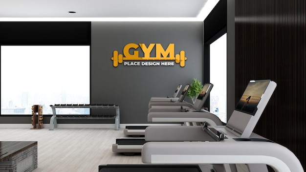 Moderner fitnessraum mit geräten für fitnessstudio oder fitness-logo-mockup
