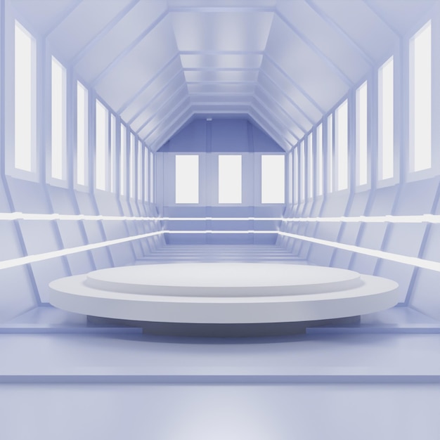 PSD moderner korridor 3d render weißes podium auf grauem hintergrund