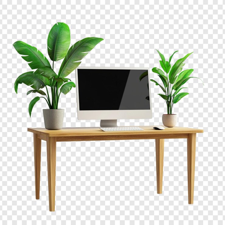 PSD moderner minimalistischer arbeitsplatz mit pflanzen und computer auf einem holzschreibtisch