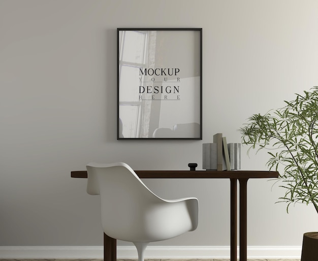 Moderner Studienraum mit Schreibtisch und Mockup-Poster 3D-Rendering