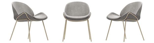 Moderner und luxuriöser grauer stuhl mit goldenen metallischen beinen auf weißem hintergrund