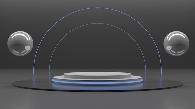 Modernes 3D-Render-Podium mit blauem Licht auf schwarzem Hintergrund