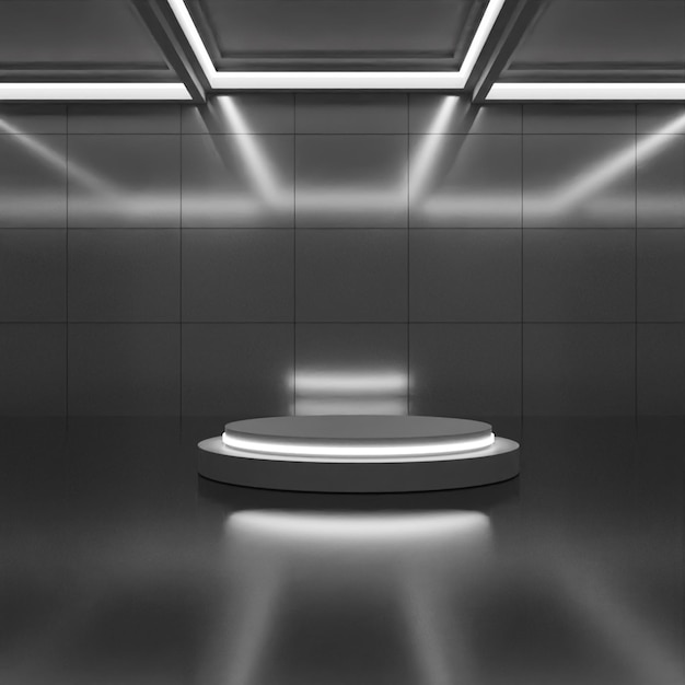 Modernes 3D-Rendering schwarzes Podium auf schwarzem Hintergrund mit Licht Hohe Qualität