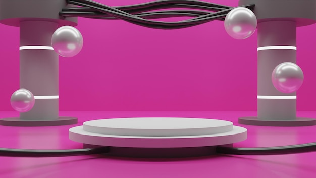 PSD modernes 3d-rendering weißes podium mit kabeln auf rosa hintergrund