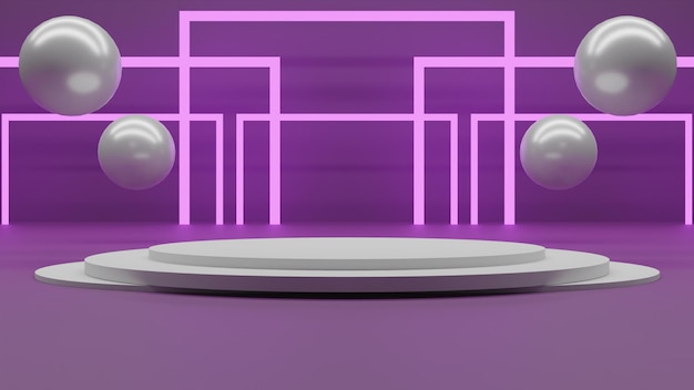 PSD modernes 3d-rendering weißes podium mit licht auf violettem hintergrund mit bällen