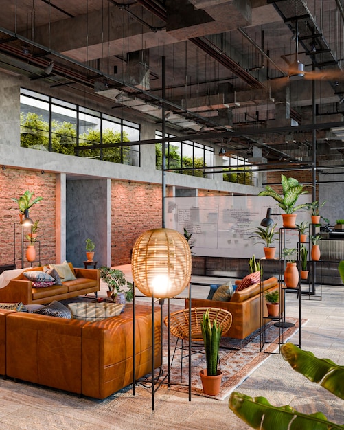 Modernes Büro-Interieur im industriellen Stil mit Pflanzen und Ledersofas
