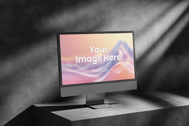 Modernes Desktop-Computer-Mockup in grauem Studio mit dramatischer Beleuchtung