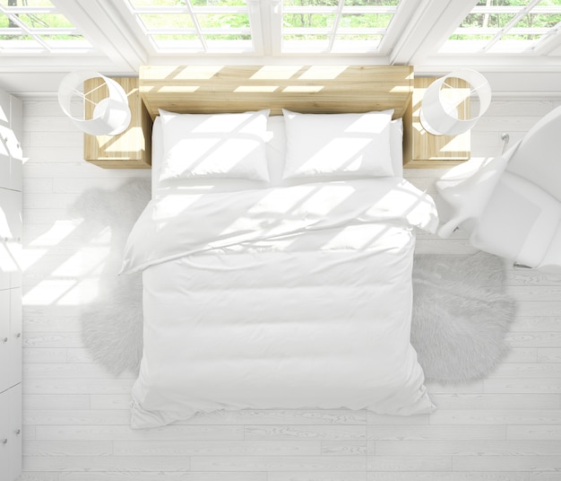 modernes Doppelbettmodell im hellen Schlafzimmer auf Draufsicht