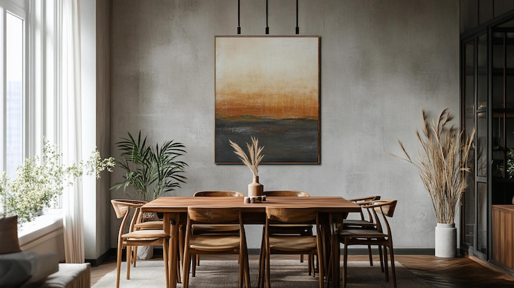 PSD modernes esszimmerinterieur mit abstrakter kunst
