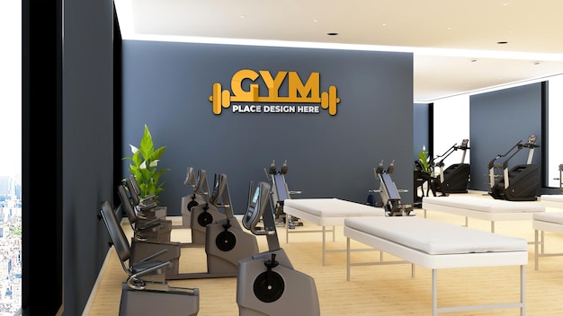 Modernes Fitnessstudio-Innenlogo-Modell mit Ausrüstung