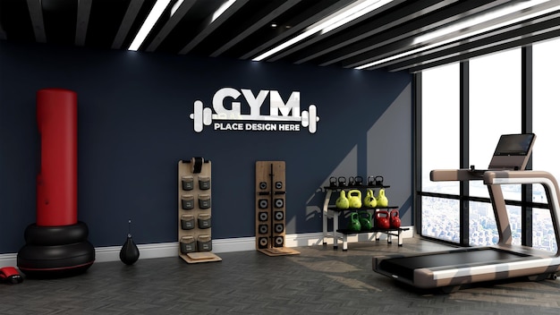 Modernes Fitnessstudio-Innenwand-Logo-Modell mit Blick auf das Himmelsgebäude