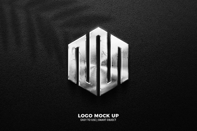Modernes logo verspottet silbernen metallstahl glänzend mit schwarzem luxushintergrund