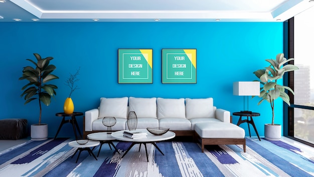 Modernes luxuriöses blaues Wohnzimmer Interieur mit Modell Fotorahmen