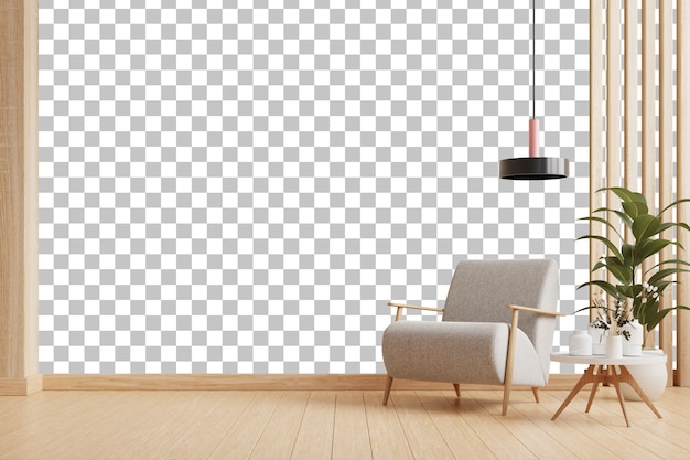 Modernes minimalistisches interieur mit einem sessel auf leerer, warmer cremefarbener wandhintergrund 3d-rendering