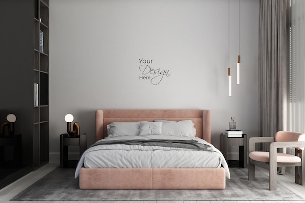 Modernes minimalistisches Schlafzimmer mit Mockup-Wand