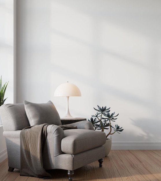 modernes skandinavisches Interieur mit Sessel und leerem Raum an der Wand 3D-Rendering