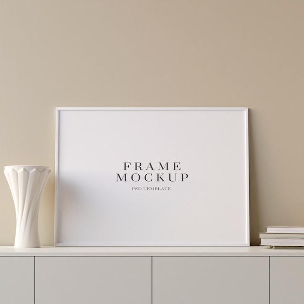 Modernes und minimalistisches horizontales weißes Poster oder Fotorahmenmodell auf dem Tisch im Wohnzimmer
