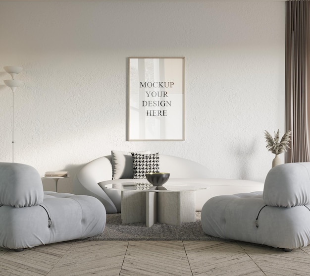 modernes Wohnzimmer mit Modellposter, gerahmtem Sofa und Sessel, 3D-Illustration