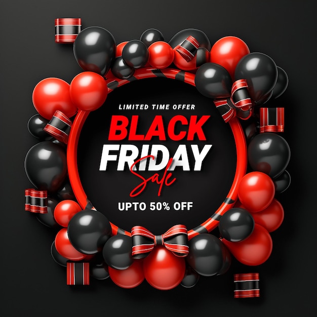 PSD moderno black friday sale publicación en las redes sociales con globos realistas y caja de regalos