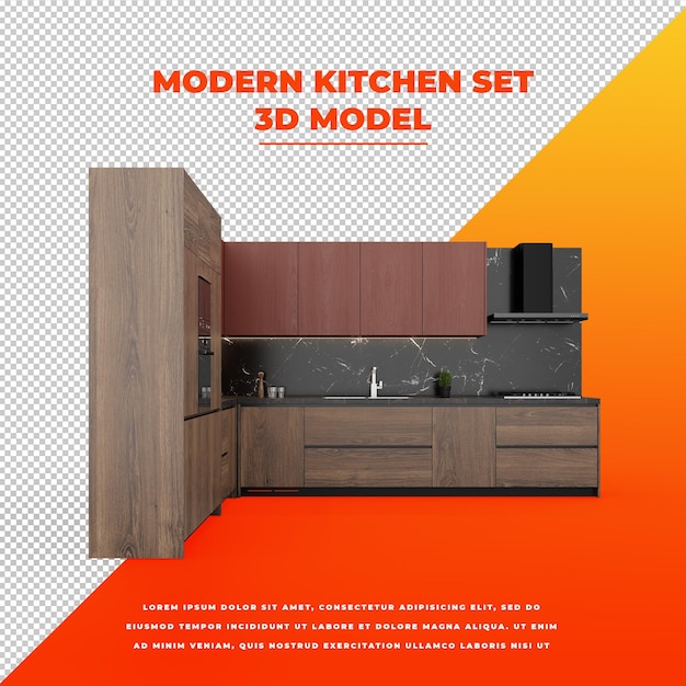Moderno conjunto de cozinha de madeira com mármore 3d modelo isolado