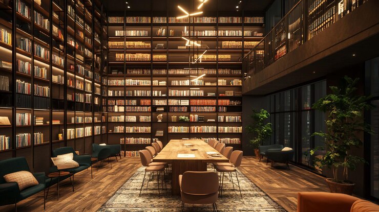 PSD moderno design interno della biblioteca ampia sala di lettura con scaffali, tavoli da studio e posti a sedere confortevoli