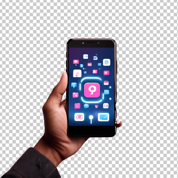 PSD moderno dibujo animado en 3d con la mano sosteniendo un teléfono inteligente con corazones de gustos y iconos de notificación de sonrisa en fondo blanco