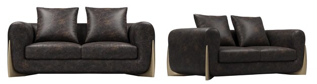 Moderno e luxuoso sofá de couro castanho com travesseiros e pernas douradas isoladas em fundo branco