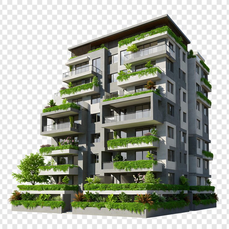 Moderno edificio di appartamenti con balconi verdi