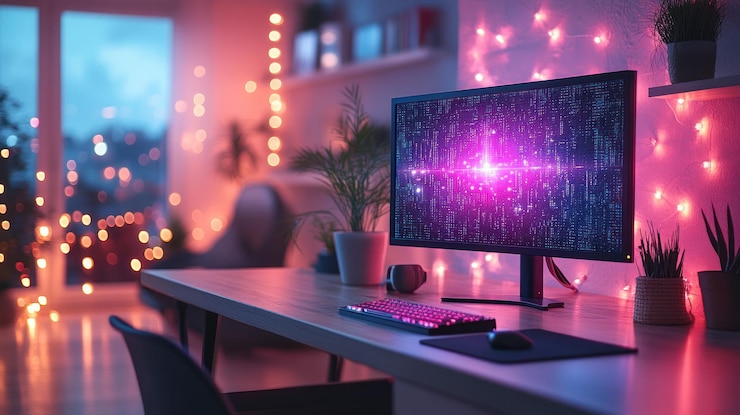 PSD un moderno escritorio de oficina en casa con una pantalla de computadora que muestra una imagen abstracta digital rodeada de luces de hadas y plantas