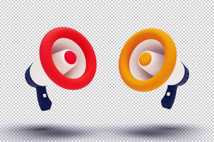 Moderno megáfono doble 3D naranja adecuado para temas de comunicación y marketing