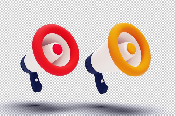 Moderno megáfono doble 3D orientado a la derecha de color naranja adecuado para comunicación y marketing