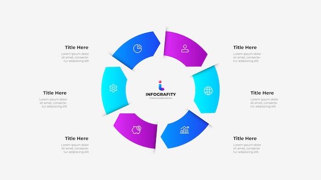 Moderno modello di infografica circolare minimalista per presentazioni aziendali professionali in 6 passaggi