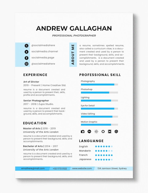 Moderno modelo de currículum profesional PSD minimalista