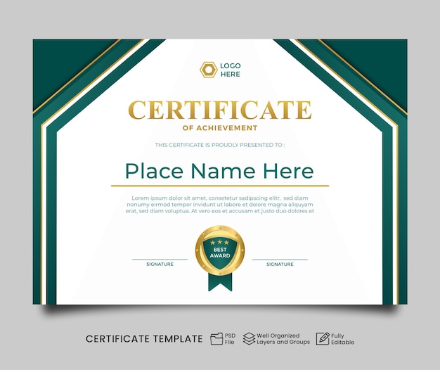 Moderno modelo de certificado design azul arquivo psd editável tamanho A4 lanscape certificado ouro azul