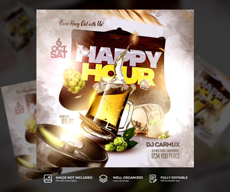 PSD moderno modelo de folheto de happy hours para café e bar