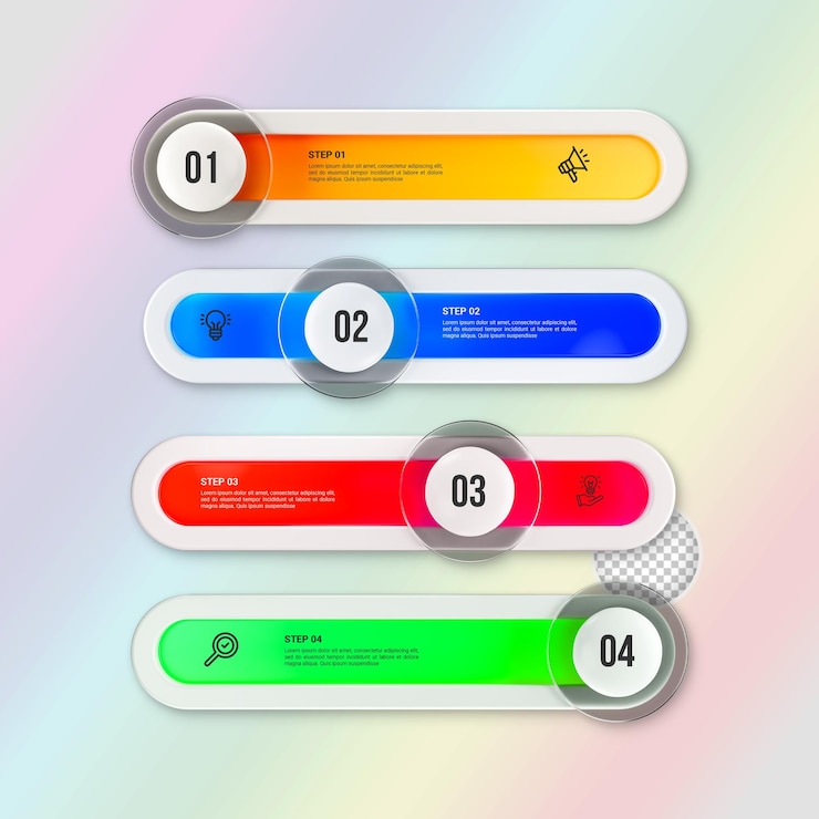 PSD moderno modelo infográfico para negócios com várias etapas rótulos multicolor renderização 3d