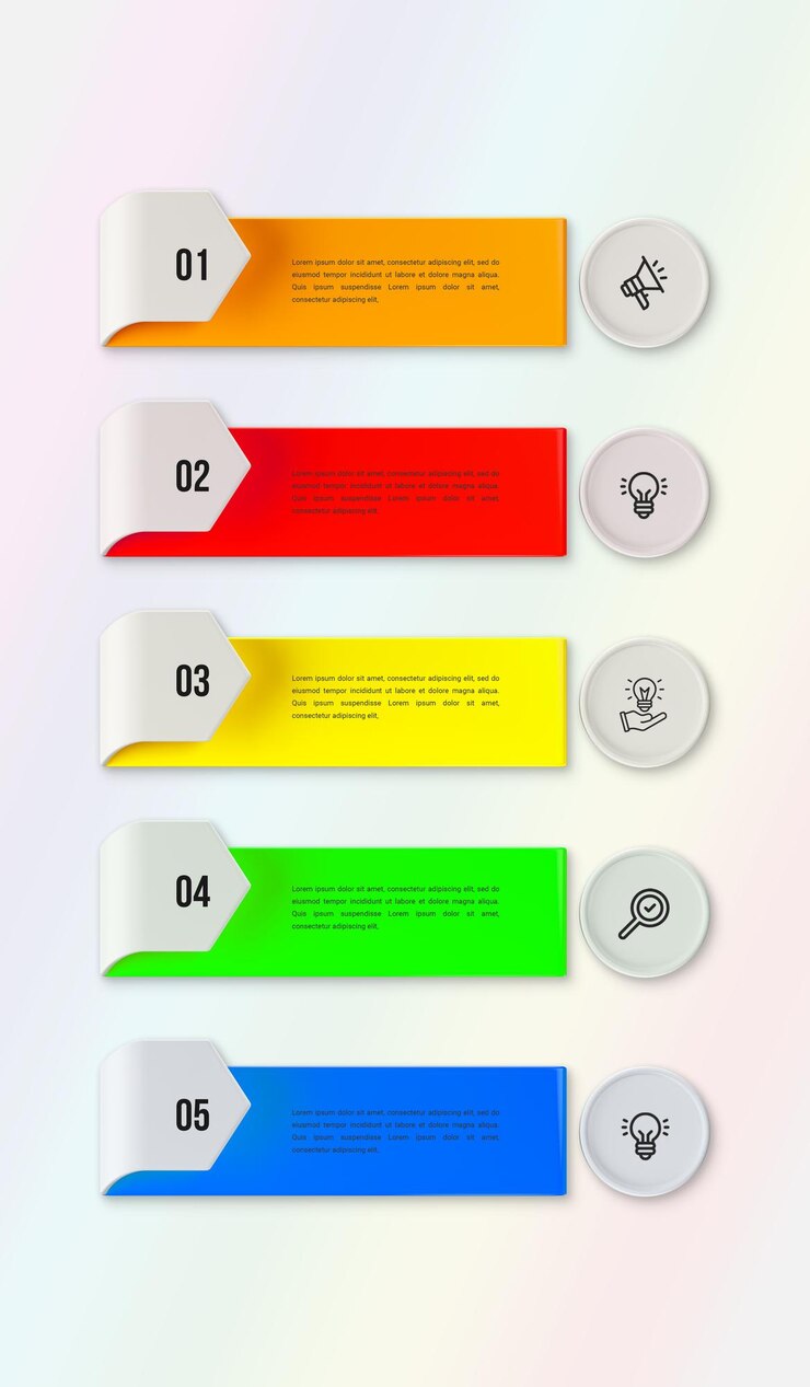PSD moderno modelo infográfico para negócios com várias etapas rótulos multicolor renderização 3d