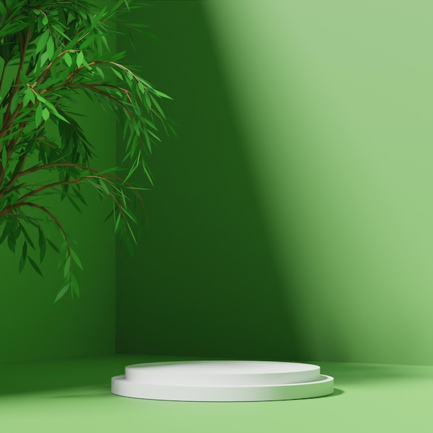 Moderno podio di rendering 3D su sfondo verde con albero