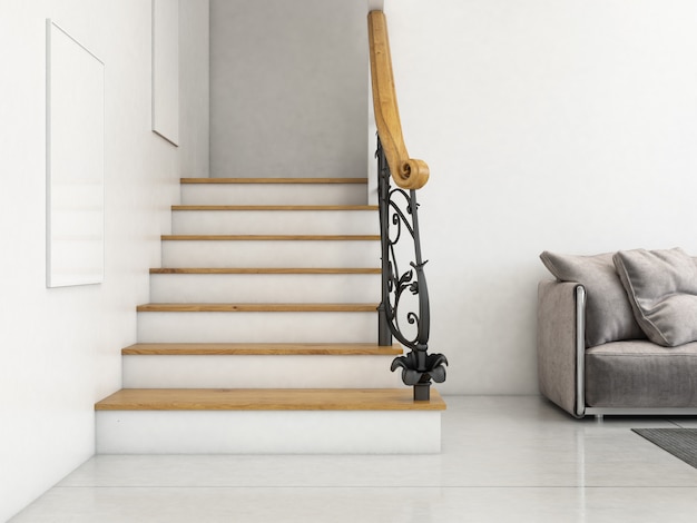 moderno salón interior con escaleras y marcos en blanco