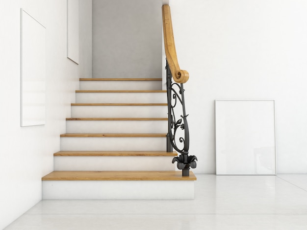 moderno salón interior con escaleras y marcos en blanco