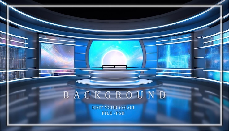 PSD moderno set televisivo con illuminazione blu