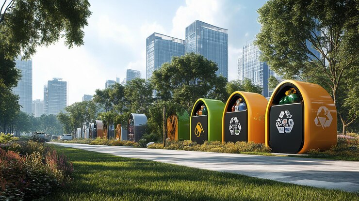 PSD modernos y coloridos contenedores de reciclaje en un parque de la ciudad
