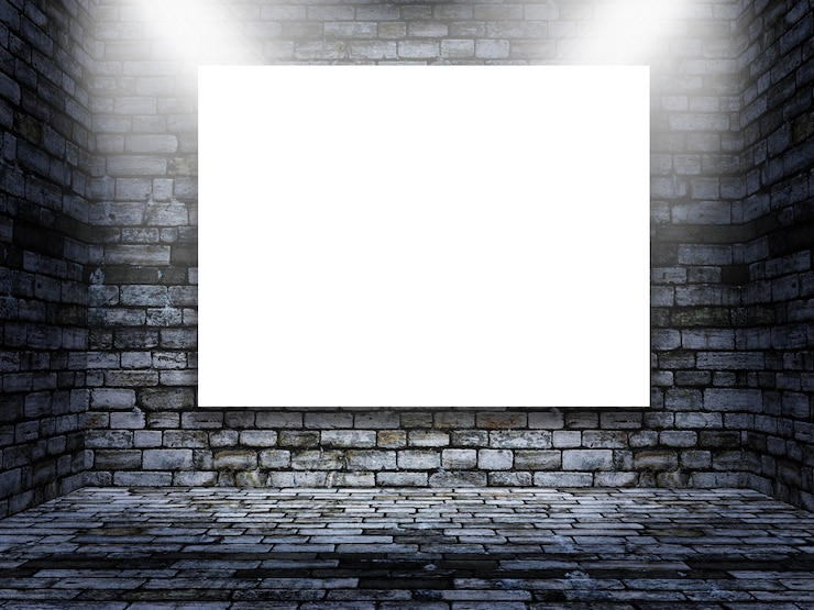 PSD modificabile mock up di foto in bianco in una stanza di mattoni grunge
