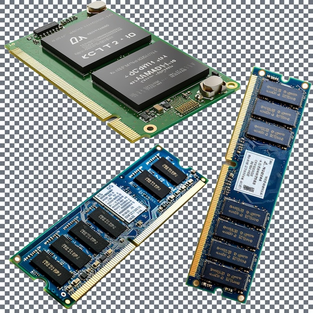 Módulos de memoria de computadora realistas aislados sobre un fondo transparente