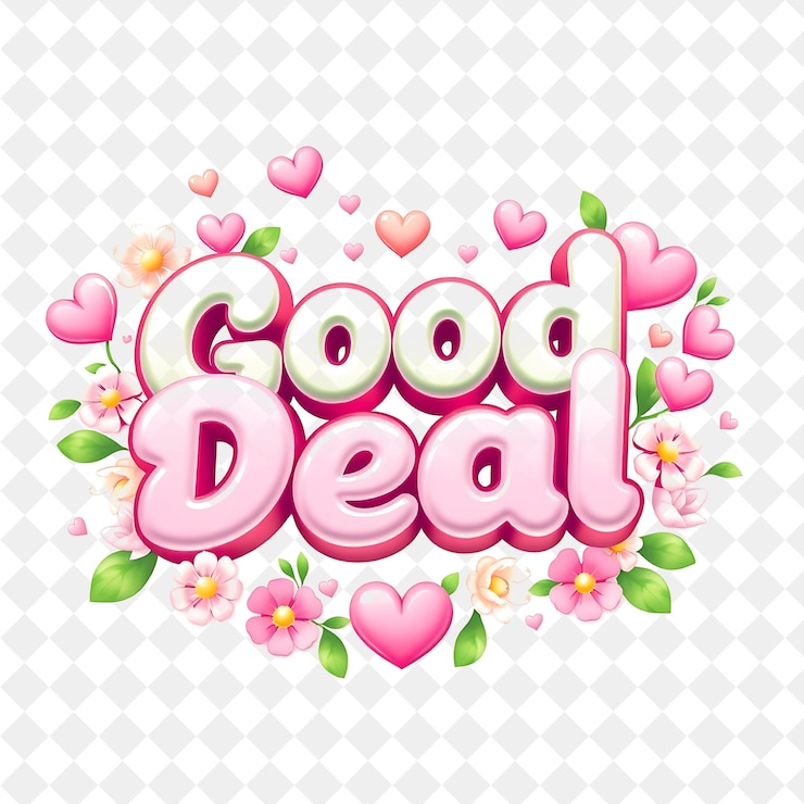 PSD moe text good deal rodeado de corazones brillantes y flores el texto es suave y redondeado pi pastel