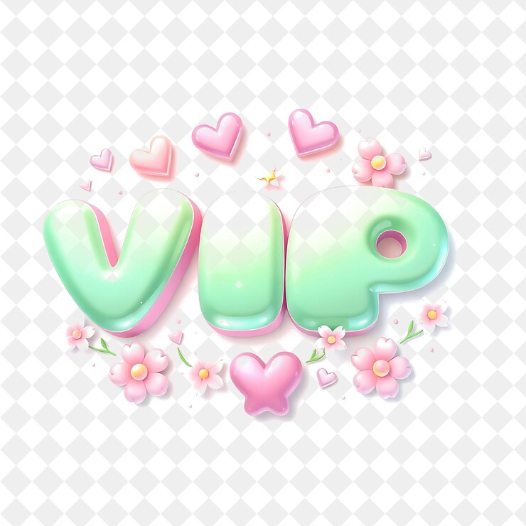 PSD moe text vip rodeado de corazones brillantes y flores el texto es suave y redondeado rosa pastel y